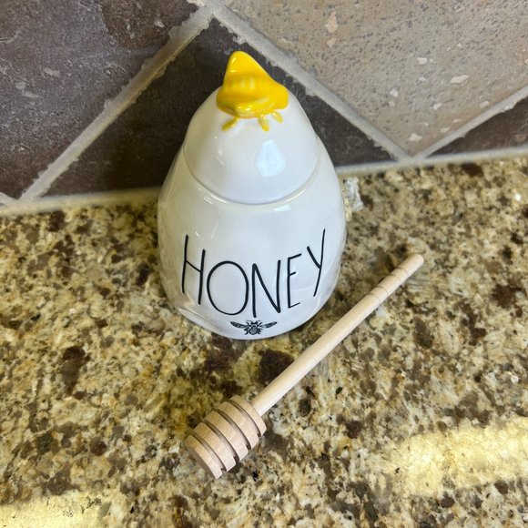 Rae Dunn HONEY Pot w Wooden Dipper Honey Jar Yellow Honey Bee Artisan Collection - Picture 3 of 8